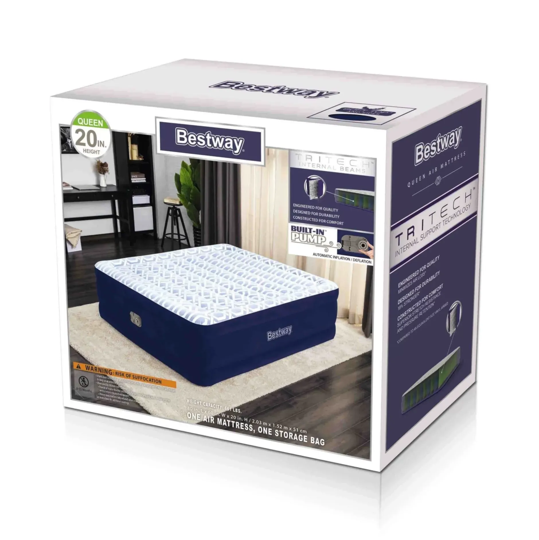 Sale Tritech Fashion Flock Air Mattress Queen 20" With Built-In Ac Pump And Antimicrobial Coating Indoor Air Mattresses